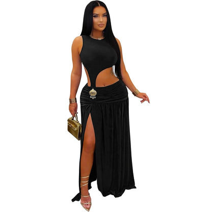 Women Wear Sexy Solid Color Sleeveless Cropped Split Dress
