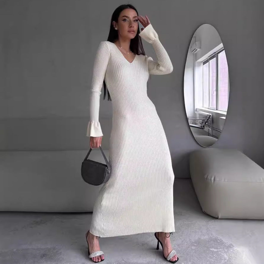 Long Sleeve V neck Tight Knitted Dress Solid Color Rib Fabric Wool Long Autumn Winter Dress by Ragazza