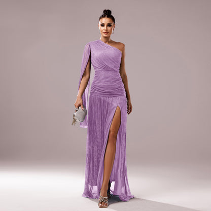Women Clothing Premium One Shoulder Diagonal Collar Long Sleeve Slim Fit Slit Cocktail Evening Dress by Ragazza