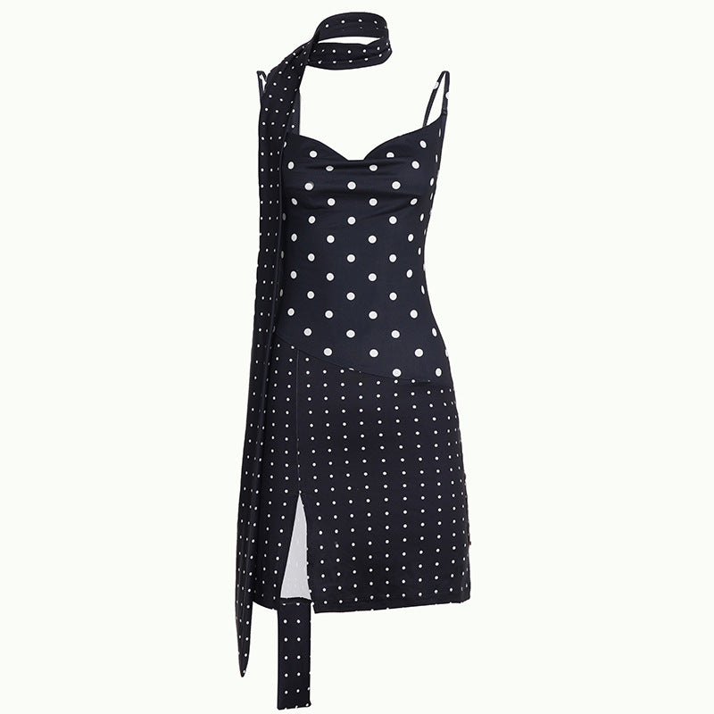 Sexy Polka Dot Ribbon Halter Spaghetti Straps Dress Fashionable with Side Slit Irregular Asymmetric by Ragazza