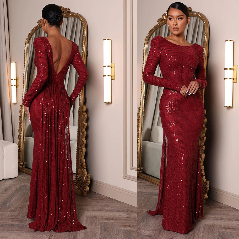 Spring Women Clothing Sexy Backless Long Sleeves Slim Fit Slit Cocktail Formal Maxi Dress by Ragazza
