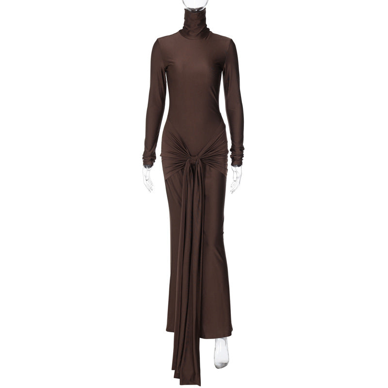 French Solid Color Autumn Winter Turtleneck Long Sleeve Stitching Lace up Long Slim Fit Dress Women by Ragazza