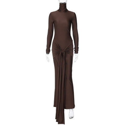 French Solid Color Autumn Winter Turtleneck Long Sleeve Stitching Lace up Long Slim Fit Dress Women by Ragazza
