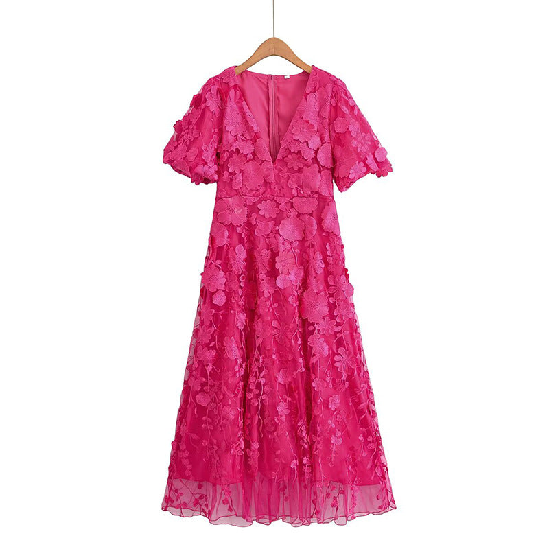 Elegant Women Elegant Simple Bubble Sleeve High Waist V neck Embroidered Dress Autumn Patchwork Dress by Ragazza