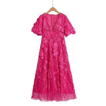 Elegant Women Elegant Simple Bubble Sleeve High Waist V neck Embroidered Dress Autumn Patchwork Dress by Ragazza