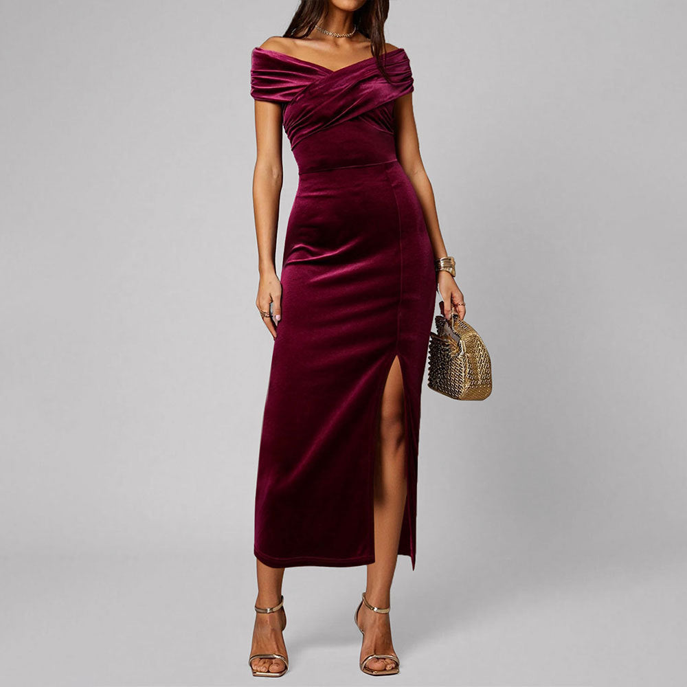 Gold Velvet Slim Fit Sheath Dress Women Cross V neck off Neck off the Shoulder Split Maxi Dress by Ragazza