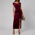 Gold Velvet Slim Fit Sheath Dress Women Cross V neck off Neck off the Shoulder Split Maxi Dress by Ragazza