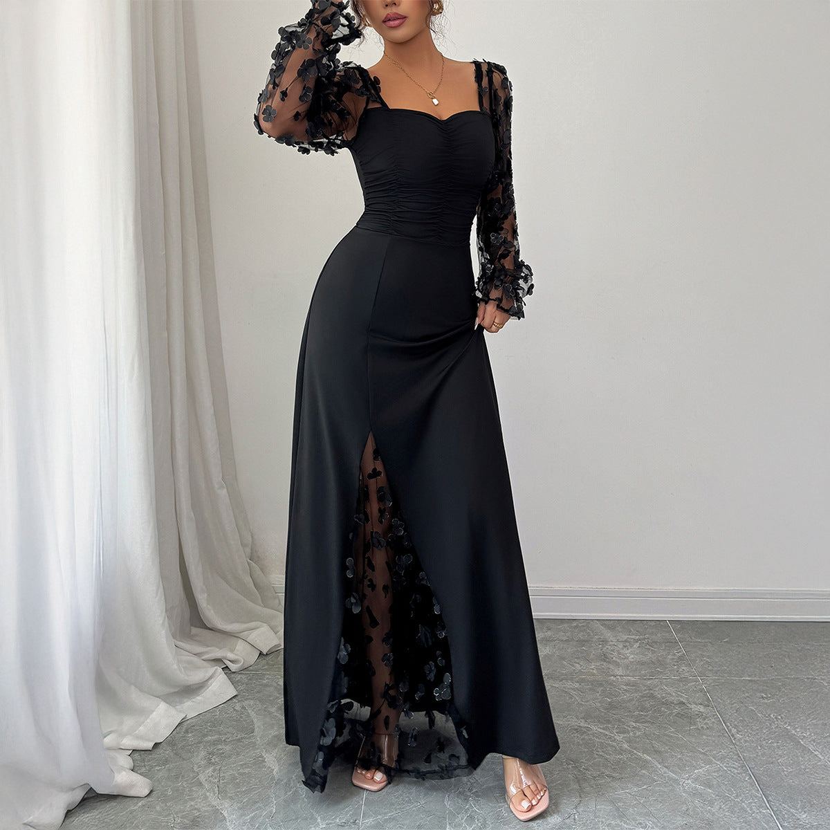 Elegant Dignified Hollow Out Cutout Long Sleeve Long Dress Women Clothing Autumn Winter by Ragazza