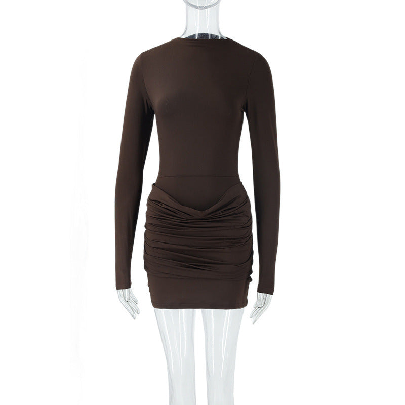 Fall Women Clothing Long Sleeve Slim Fit Pleated Niche High Sense Short Temperamental Dress  DestGlow