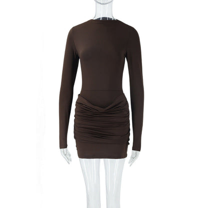 Fall Women Clothing Long Sleeve Slim Fit Pleated Niche High Sense Short Temperamental Dress  DestGlow