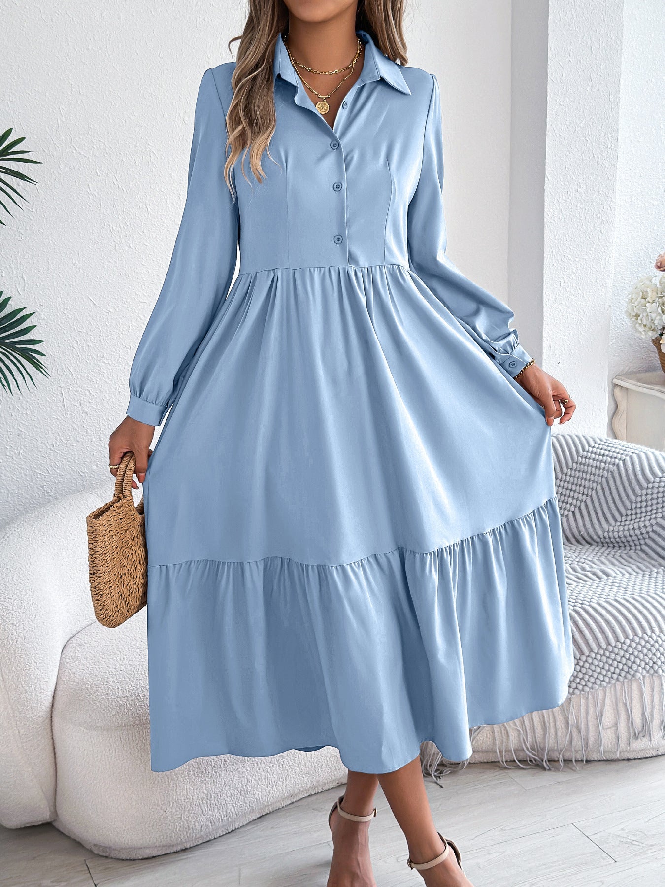 Autumn Winter Collared Casual Loose Long Sleeve Ruffled Shirt Dress Women Clothing by Ragazza