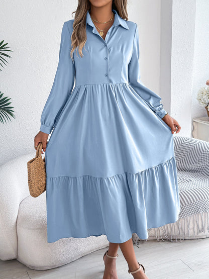 Autumn Winter Collared Casual Loose Long Sleeve Ruffled Shirt Dress Women Clothing by Ragazza