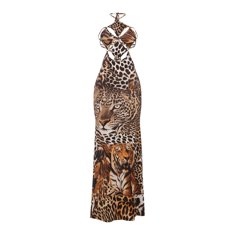 Autumn Winter Women Clothing Halter Lace up Tiger Stripe Pattern Sexy Backless Sheath Dress by Ragazza