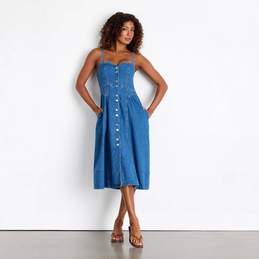 Summer Retro V neck Cardigan Denim Strap Dress Women Dress by Ragazza