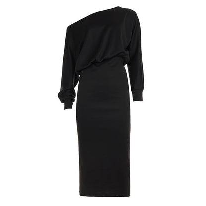 Autumn Winter Women Clothing Cross Shoulder Bag Hip Long Sleeve Dress Party Comfortable Keep Warm Solid Color Gentle Maxi Dress by Ragazza