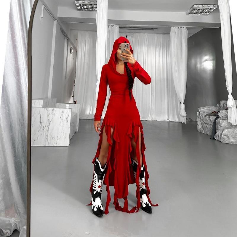 Summer Popular Trend Ruffled Stitching Long Sleeve Hooded Irregular Asymmetric Dress by Ragazza