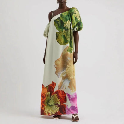 Spring Summer Oblique Shoulder Positioning Printed Dress Casual Vacation Loose Dress by Ragazza