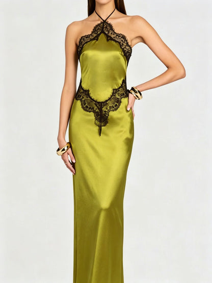 Patchwork Lace Maxi Dress Sexy Slim Fit Halter Waist Tight Elegant Dress  DestGlow