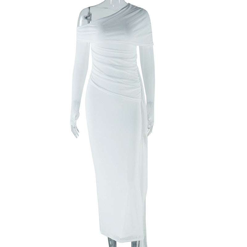 Women Clothing Solid Color Dress Sexy Off Shoulder Long Sleeve Mesh Stitching Dress by Ragazza