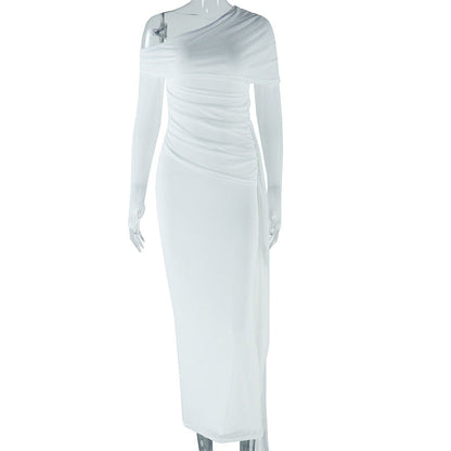 Women Clothing Solid Color Dress Sexy Off Shoulder Long Sleeve Mesh Stitching Dress by Ragazza