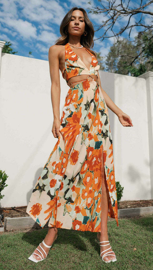 Women V neck Halter Backless High Split Hemline at Hem Maxi Dress by Ragazza