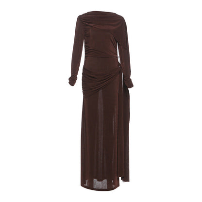 Autumn Winter Slim Fitted Waist Pleated Ribbon Solid Color Maxi Dress by Ragazza
