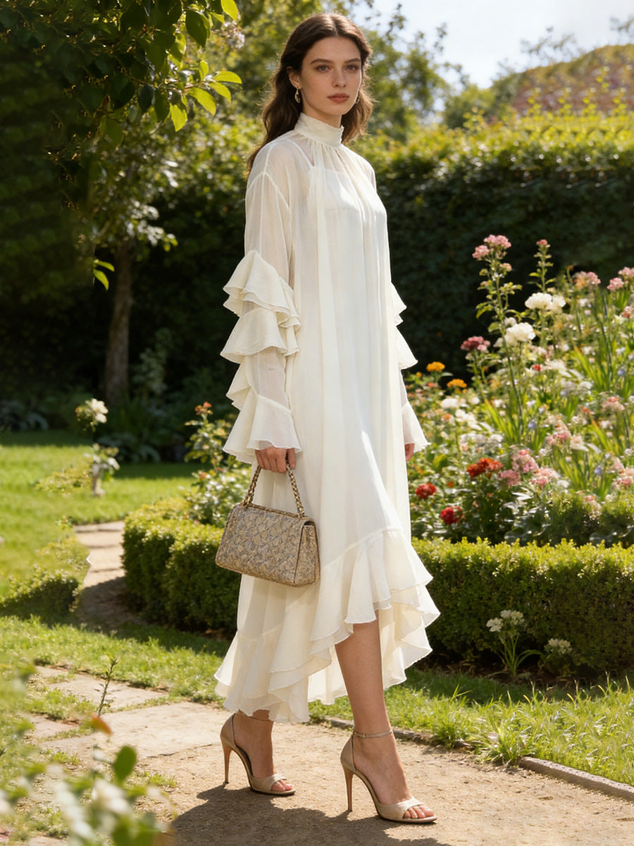 Spring High Neck Ruffled Maxi Dress Bell Sleeve Irregular Asymmetric Neck Loose Slimming Two Piece Dress by Ragazza