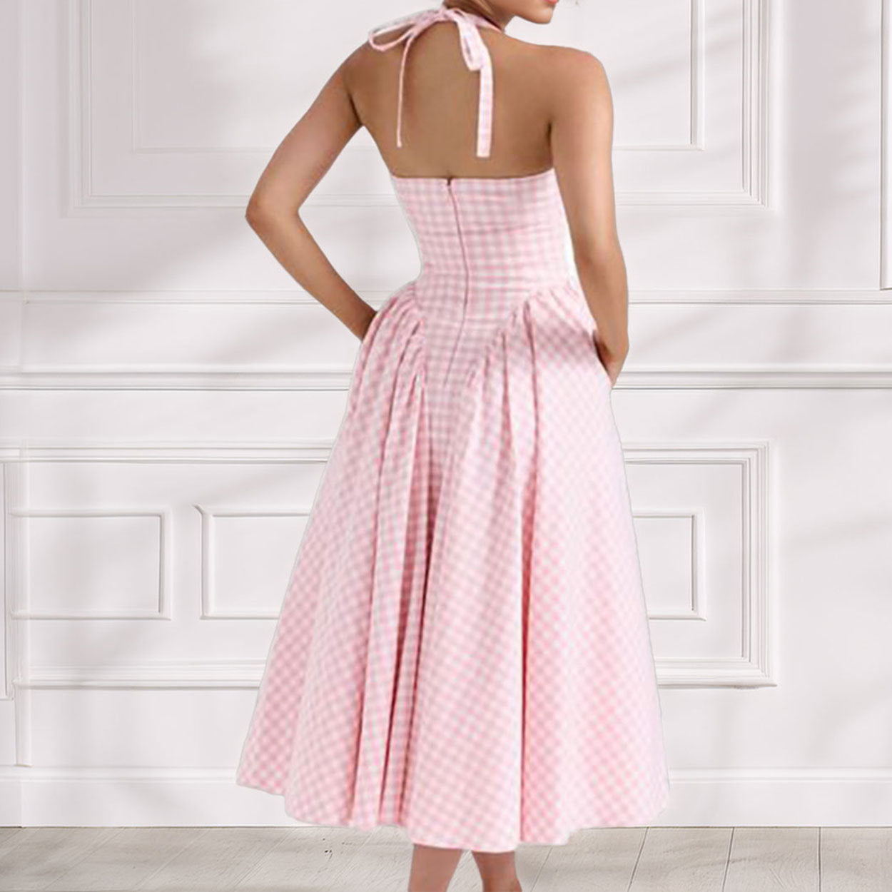 French Sweet Halter Strap Sexy V neck Backless Strap Dress by Ragazza