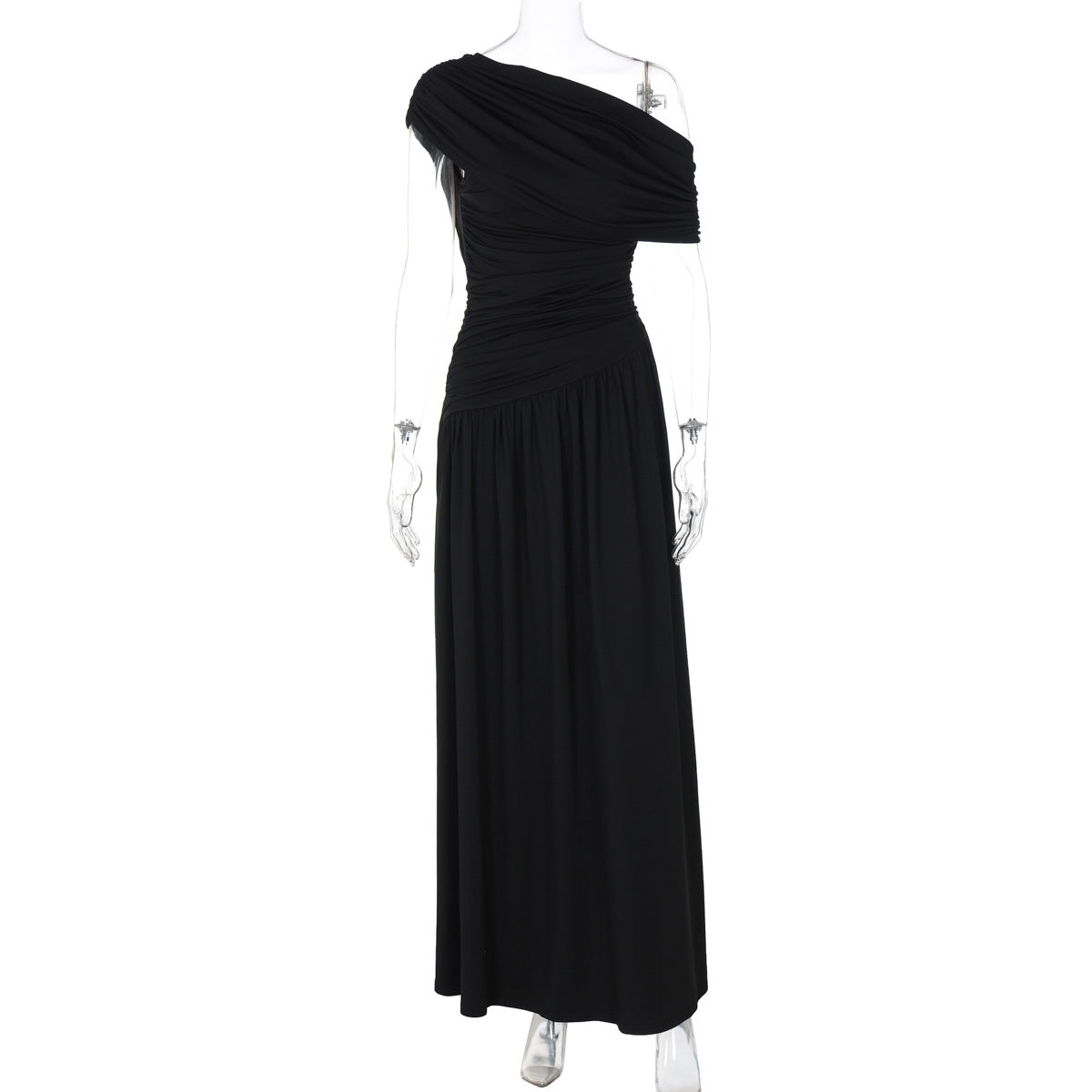 Women Clothing Spring Arrival Fashionable Sexy Diagonal Collar Pleated Asymmetrical Solid Color Dress  DestGlow
