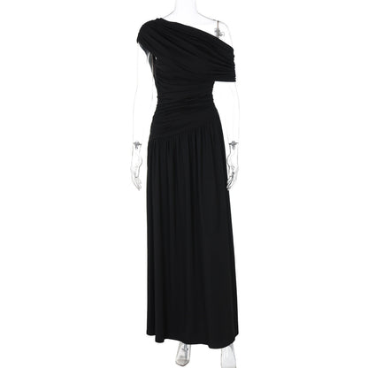 Women Clothing Spring Arrival Fashionable Sexy Diagonal Collar Pleated Asymmetrical Solid Color Dress  DestGlow