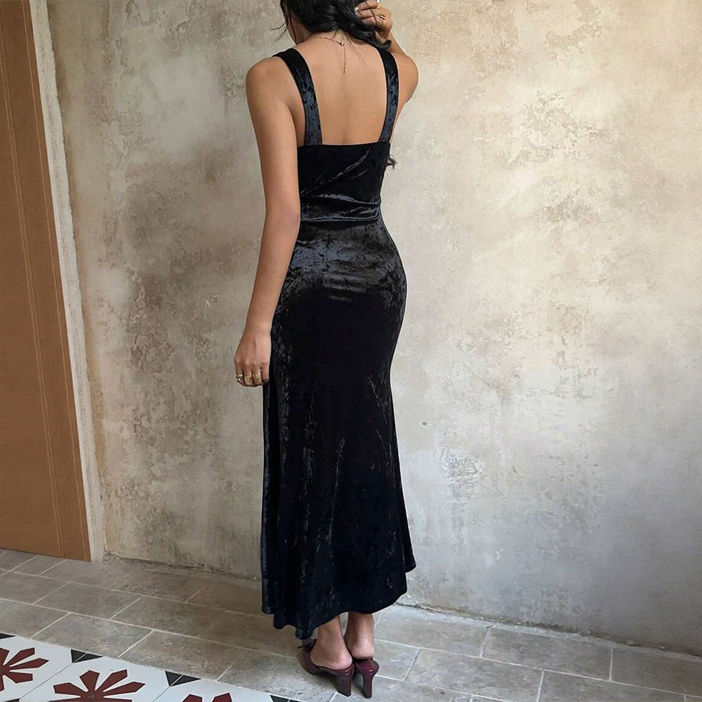 French Romantic Velvet Lace V neck Patchwork Sleeveless Dress Slim Fit Sheath Fishtail Dress Inner Wear by Ragazza