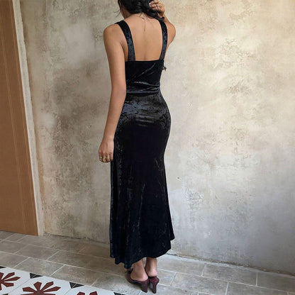 French Romantic Velvet Lace V neck Patchwork Sleeveless Dress Slim Fit Sheath Fishtail Dress Inner Wear by Ragazza