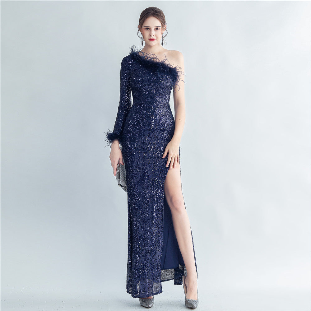 Craft Ostrich Feather Decorative Diagonal Shoulder Roman Collar Side Slit High End Evening Dress by Ragazza