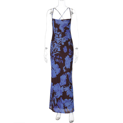 Summer Women Clothing French off Neck Strap Backless Long Printed Dress by Ragazza