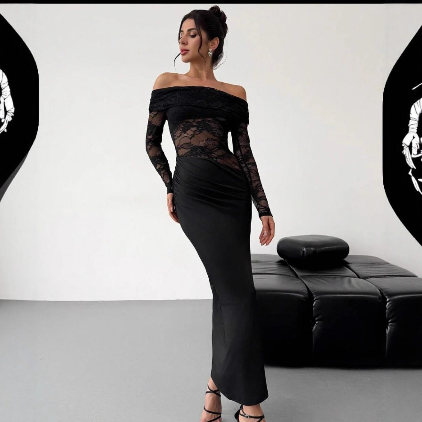 Hollow Out Cutout out Summer off-Shoulder Lace Maxi Dress Long Sleeve High Grade Sexy Sheath Dress Women Clothing by Ragazza
