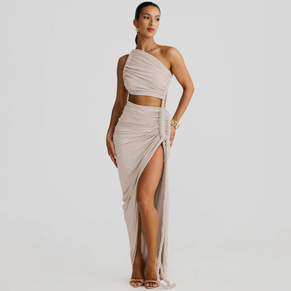 Women Clothing Spring Summer Shoulder Tube Top Backless Hollow Out Cutout Lace Pleated Dress by Ragazza