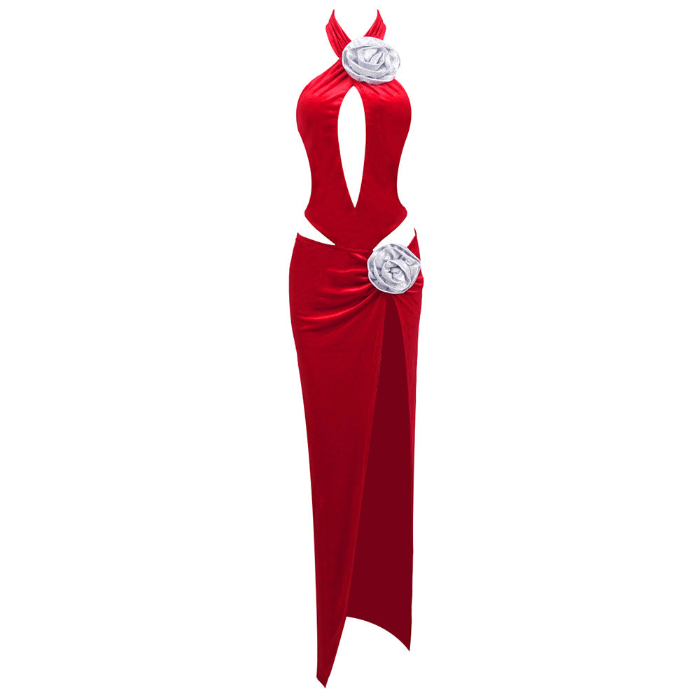 Red Rhinestone Three Dimensional Floral Hollow Out Cutout Velvet Dress Backless Formal Dress by Ragazza