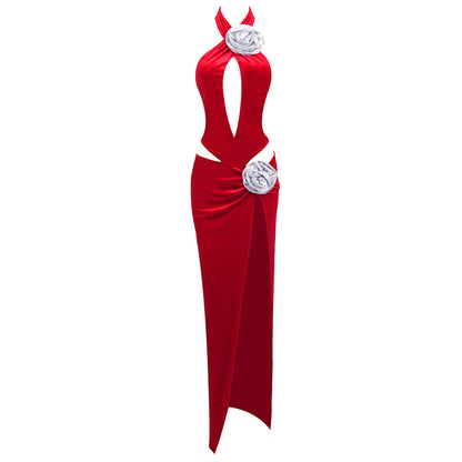 Red Rhinestone Three Dimensional Floral Hollow Out Cutout Velvet Dress Backless Formal Dress by Ragazza