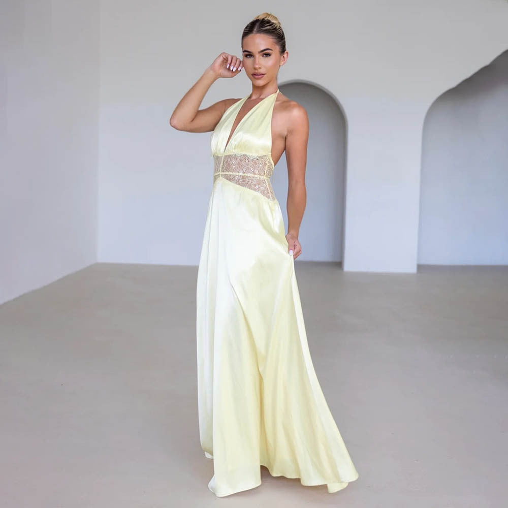 Summer Elegant Deep V Plunge Silky Satin Dress Stitching Halter Waist Tight Sexy Dress by Ragazza