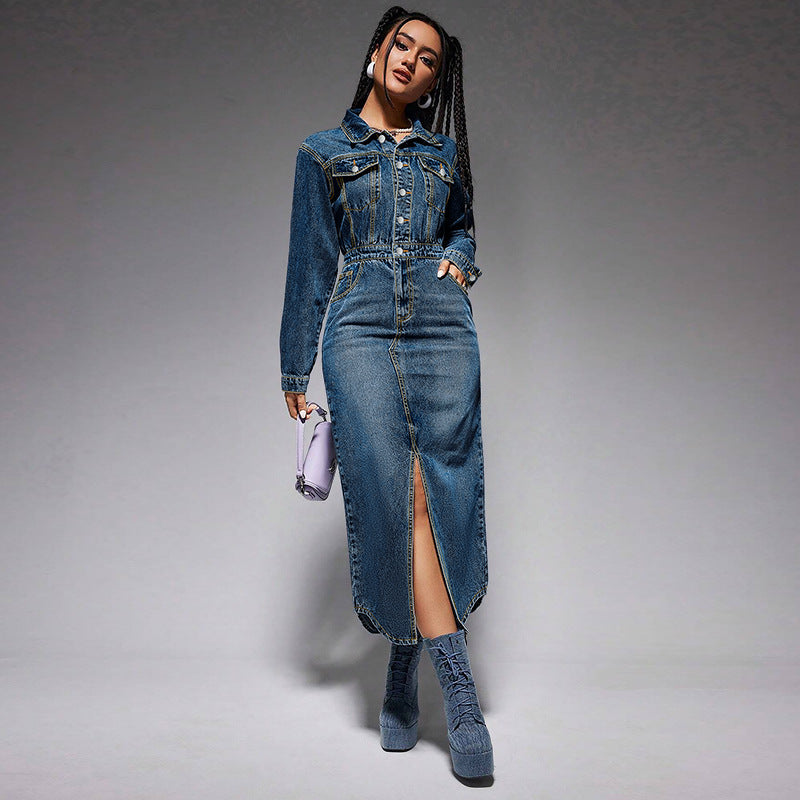 Women Clothing Collared Button Long Sleeve Split Denim Maxi Dress by Ragazza