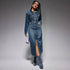 Women Clothing Collared Button Long Sleeve Split Denim Maxi Dress by Ragazza
