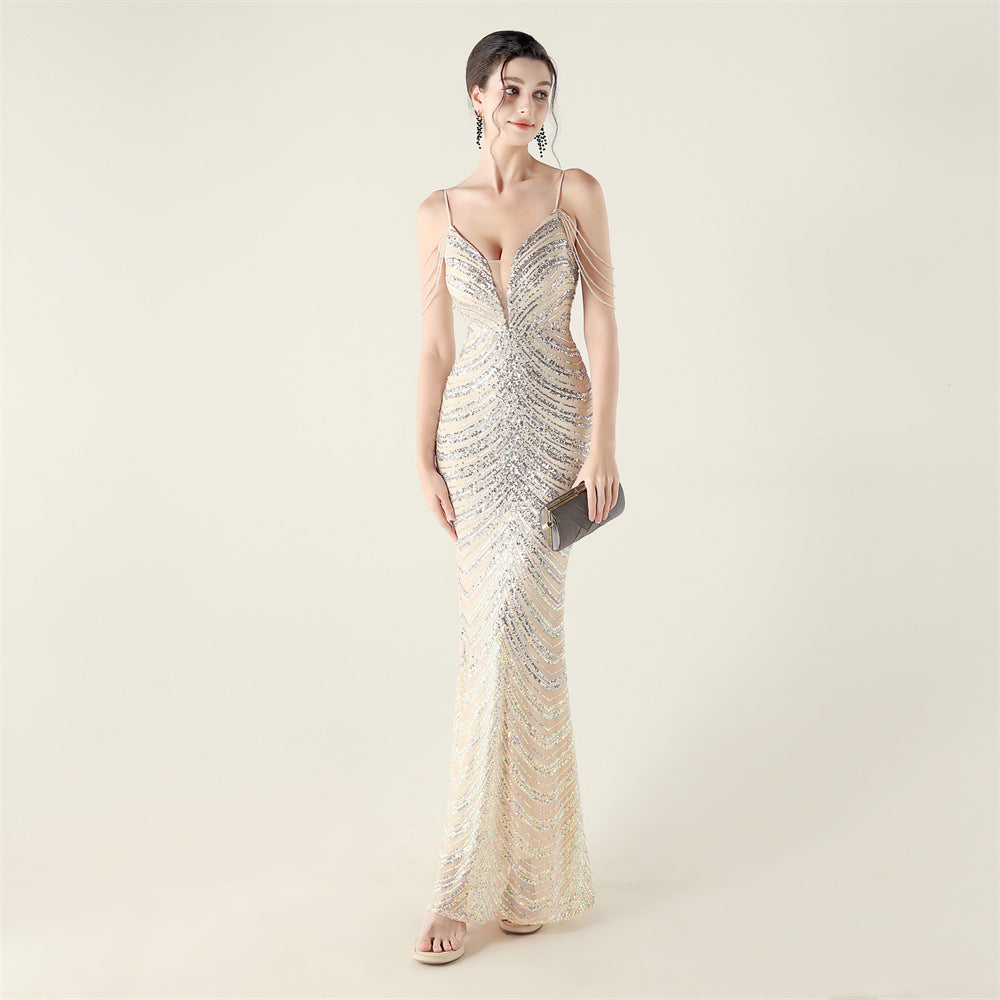 Deep V Plunge neck Wave Gradient Sequin Evening Dress Positioning Floral Cutting Craft Beaded Cocktail Battle Gown by Ragazza