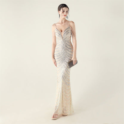 Deep V Plunge neck Wave Gradient Sequin Evening Dress Positioning Floral Cutting Craft Beaded Cocktail Battle Gown by Ragazza