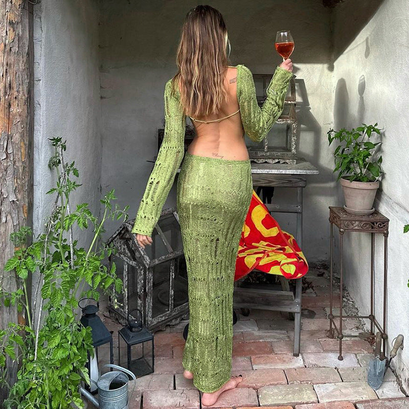 Fall Best Seller in Sexy Backless Hollow Out Cutout out See through Long Sleeve Slim Long Woolen Dress for Women by Ragazza