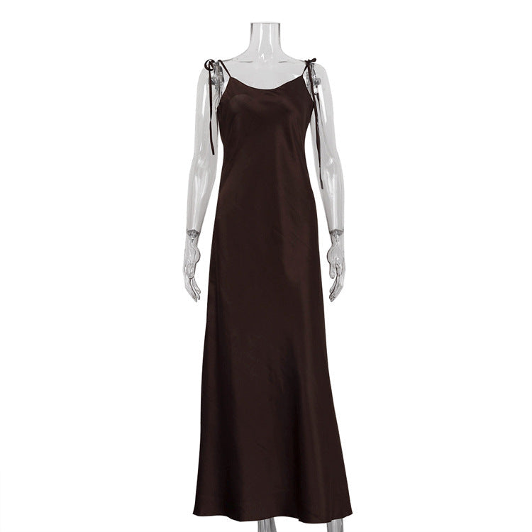 Sexy Long Suspender Dress Women Satin Drape Lace up off Shoulder Sleeveless High Waist Dress by Ragazza