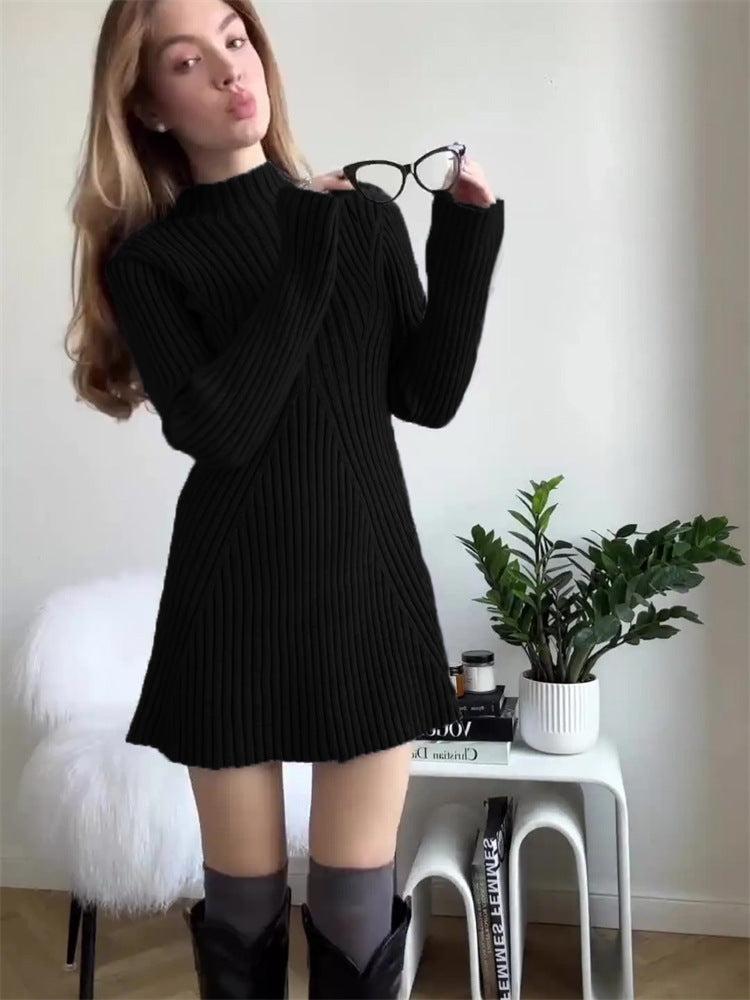 Long Sleeve Skinny Knit Dress Women Half Turtleneck Base Narrow Solid Color Short Temperamental Fall Winter Sweater Dress by Ragazza