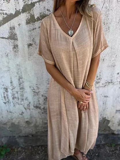 Cotton Linen V neck Semi Formal Dress by Ragazza