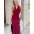 Halter Wooden Ear Slit Dress V neck Pleated Ruffled Waist Tight Sexy Dress by Ragazza