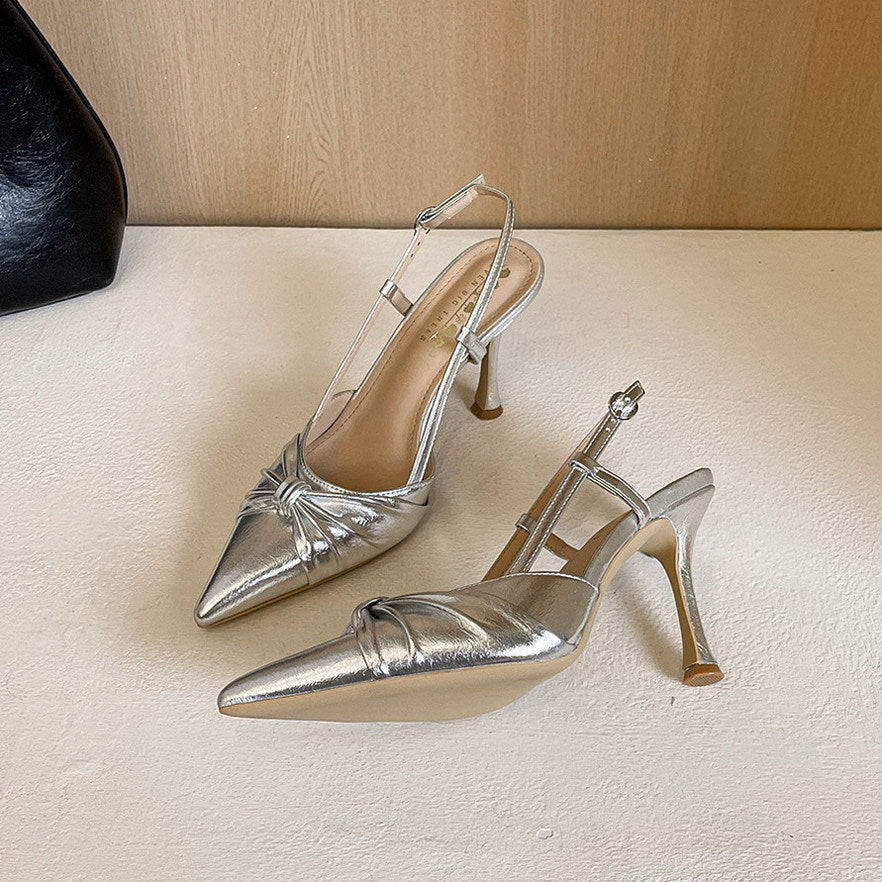 Nightclubs Goddess Stiletto Heels Bow Twisted Pana Pointed Toe Buckle Outdoor Sandals  DestGlow
