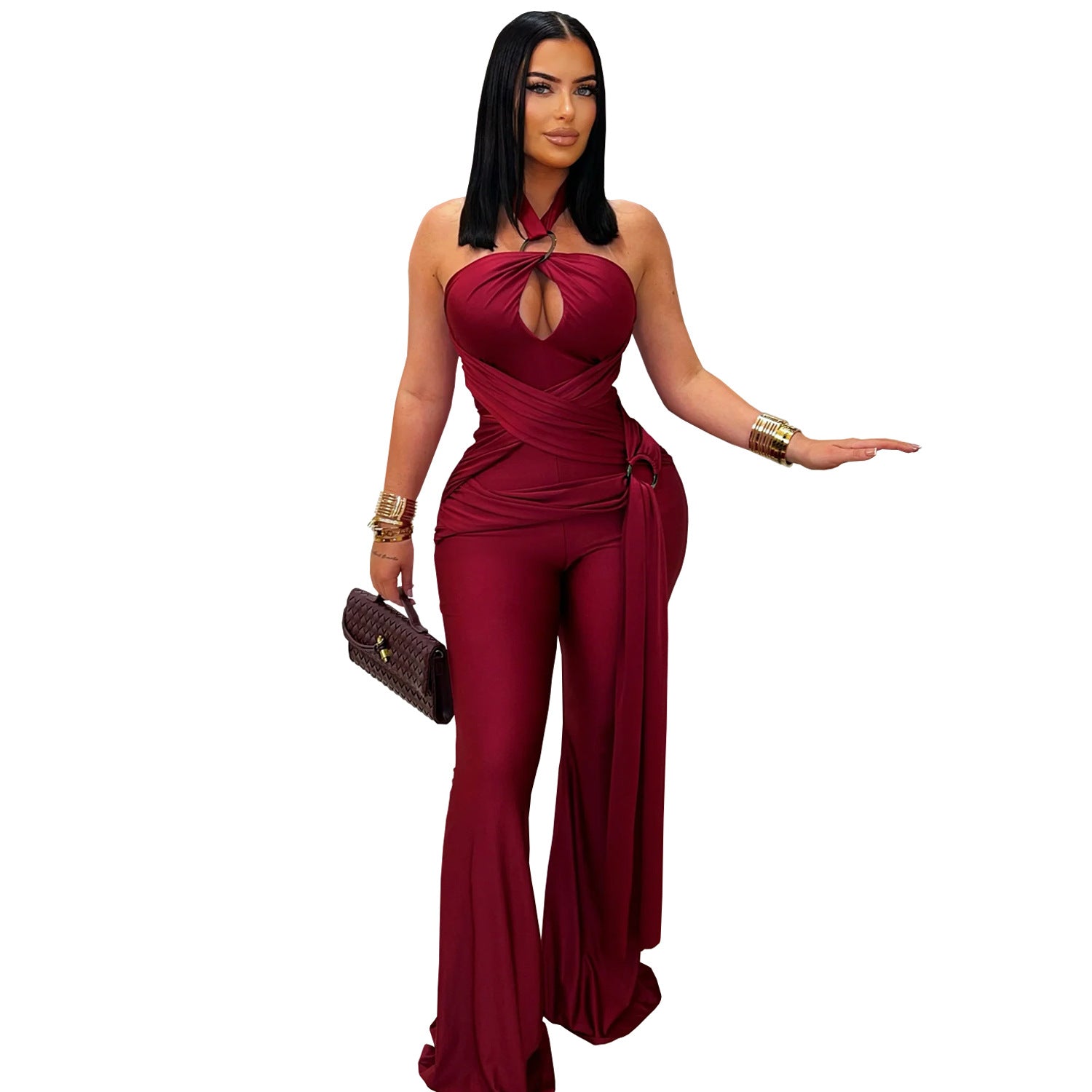 Women Wear Solid Color Elegant Halter Wide Leg Arm Covering Jumpsuit by Ragazza